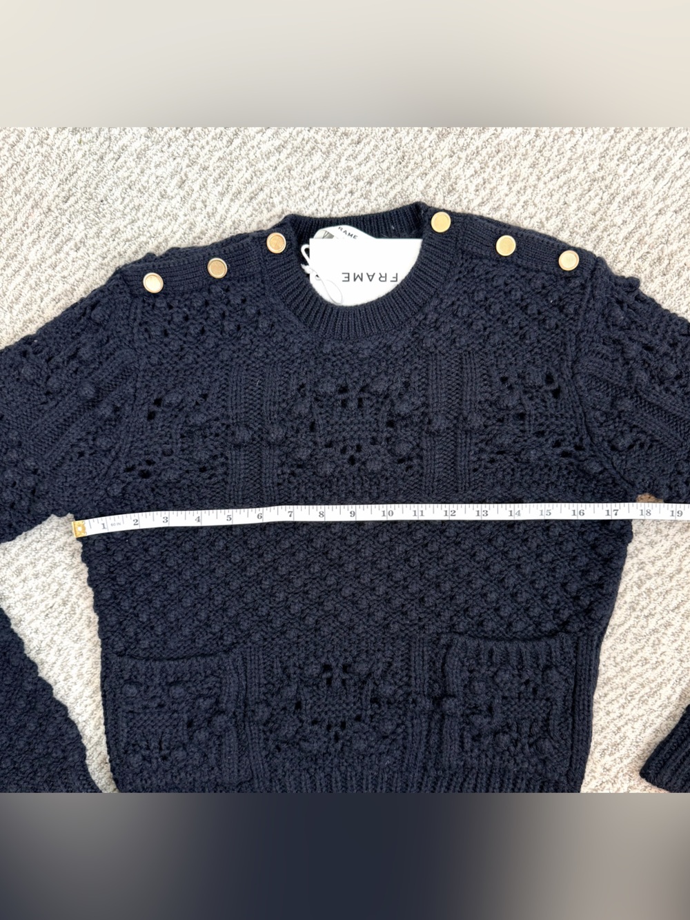 Frame Navy Alpaca Wool Cable-Knit Sweater Gold Button Detail Small NWT $398 MSRP - Picture 10 of 14